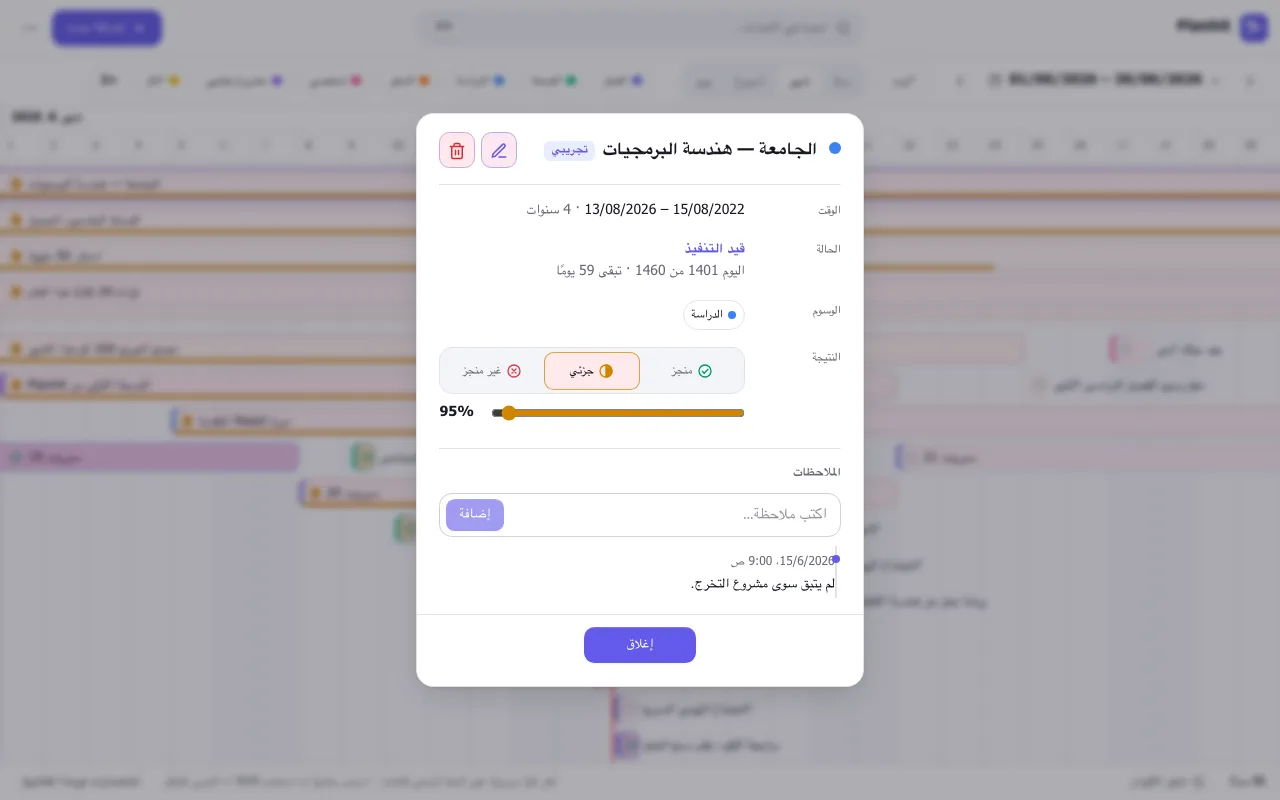 حدث في Planhit مع نتيجته وتقدمه وملاحظاته